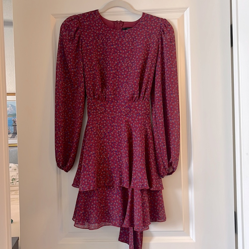 Burgundy Floral Bell Sleeve Tie Dress